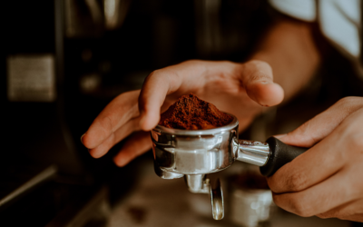 mani di barista che sistema la polvere di caffè nel filtro per la macchina da caffè espresso da bar